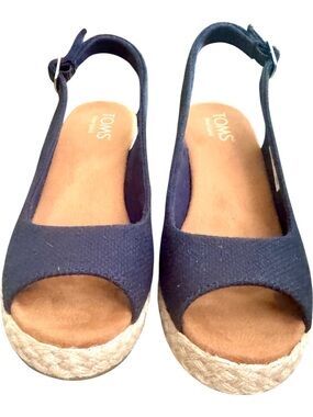TOMS Navy Camilla Open-Toe Espadrille Slingback Wedge